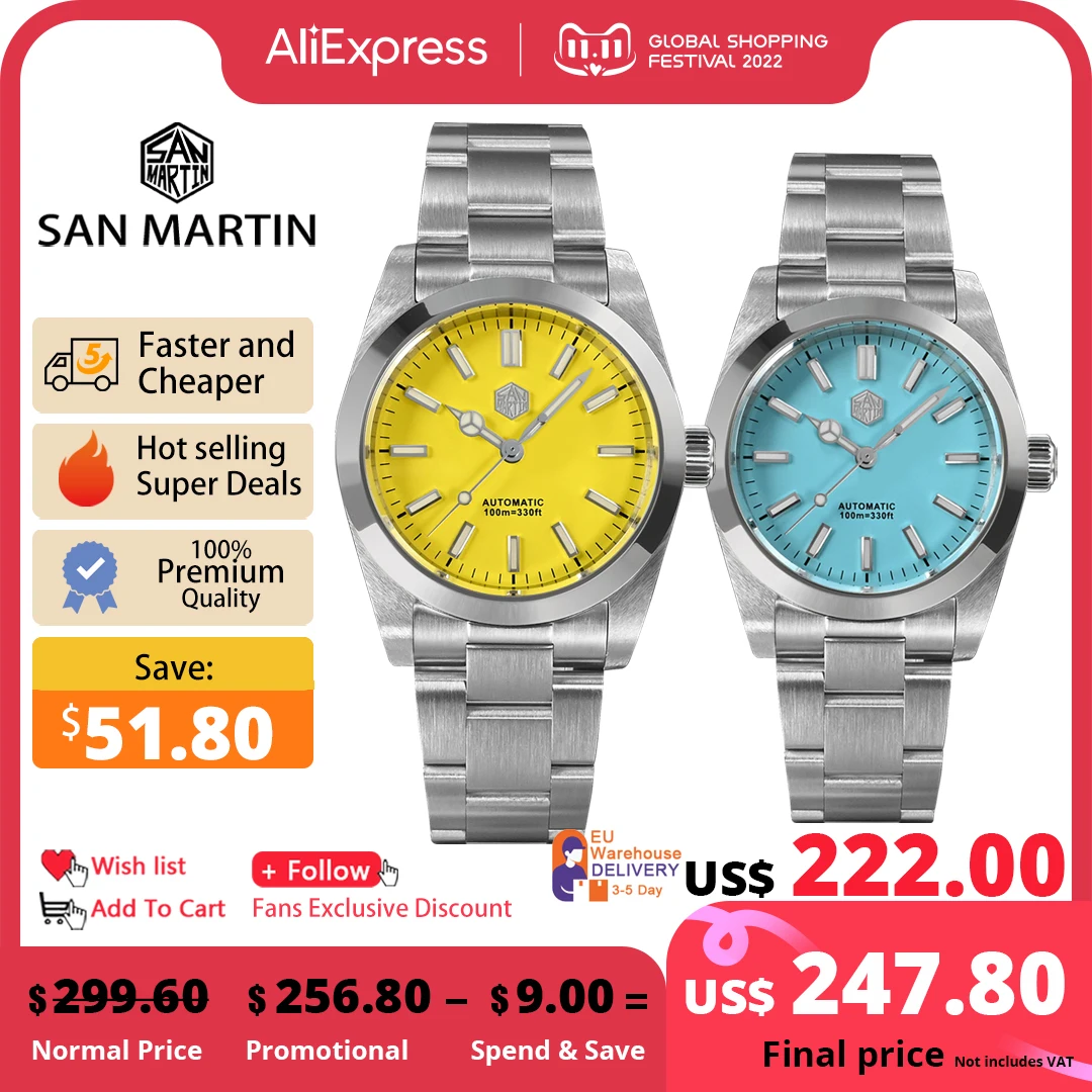 Продажа Мужские Роскошные часы San Martin 36 мм с цветным циферблатом, серия для альпинизма, винтажные модные спортивные автоматические механические час...
