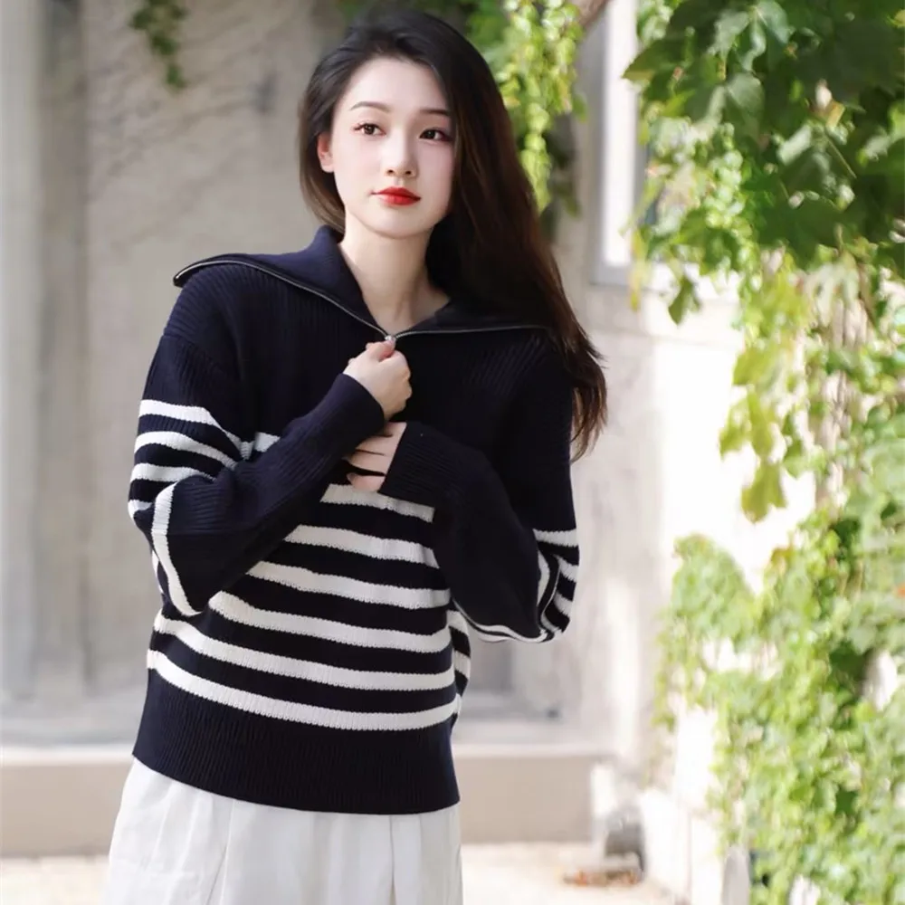 

PB&ZA 2022 Autumn New Women's Clothing Korean Fashion Trendy Zipper Open Collar Long-sleeved Striped Knitted Sweater 1099812002