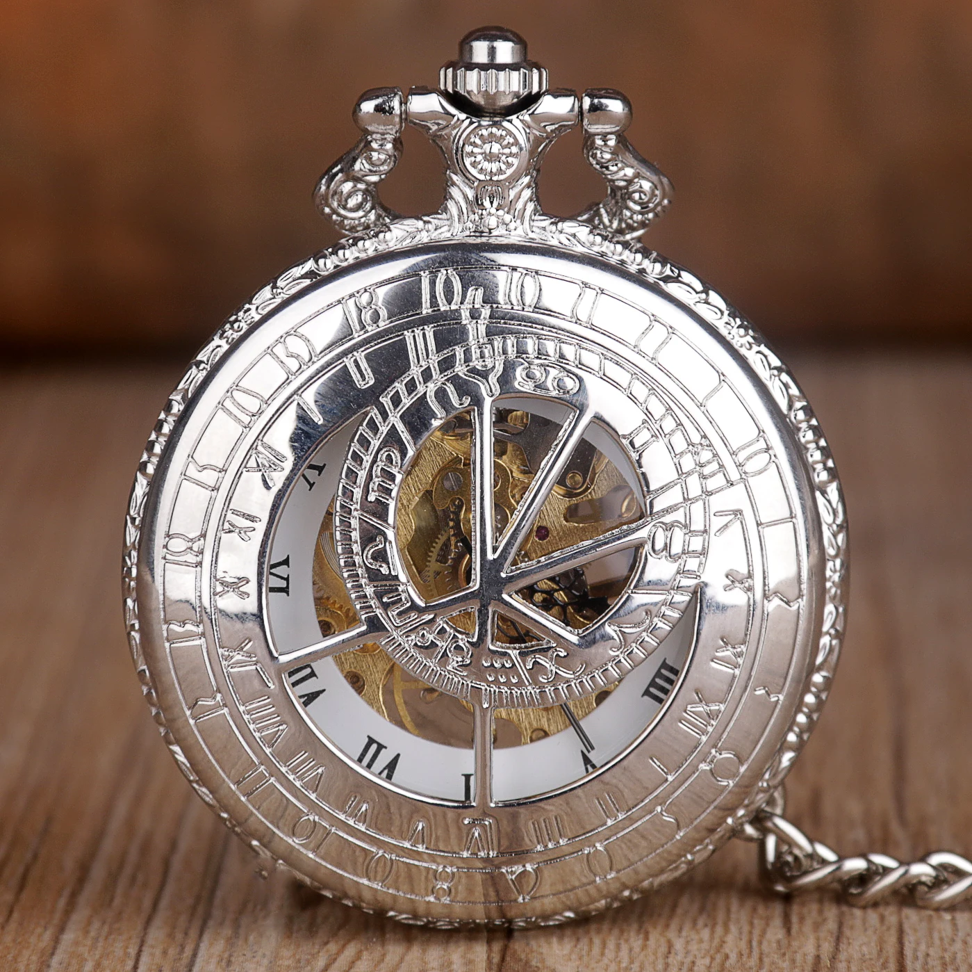 Relógios de Bolso com Corrente Luxo Prata Retro Mechacnical Mão-enrolamento Relógios de Bolso para Homens Mulher Steampunk Roma Âmbar Dial Pingente Relógio Corrente Presente