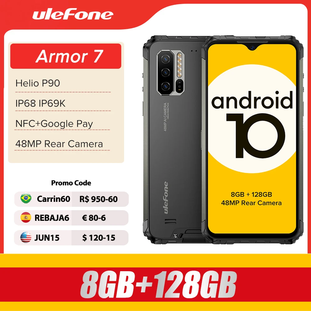 Ulefone Armor 7 Rugged Mobile Phone Android 10 2.4G/5G WiFi 8GB+128GB Helio P90 IP68 48MP CAM 4G LTE Global Version Smartphone