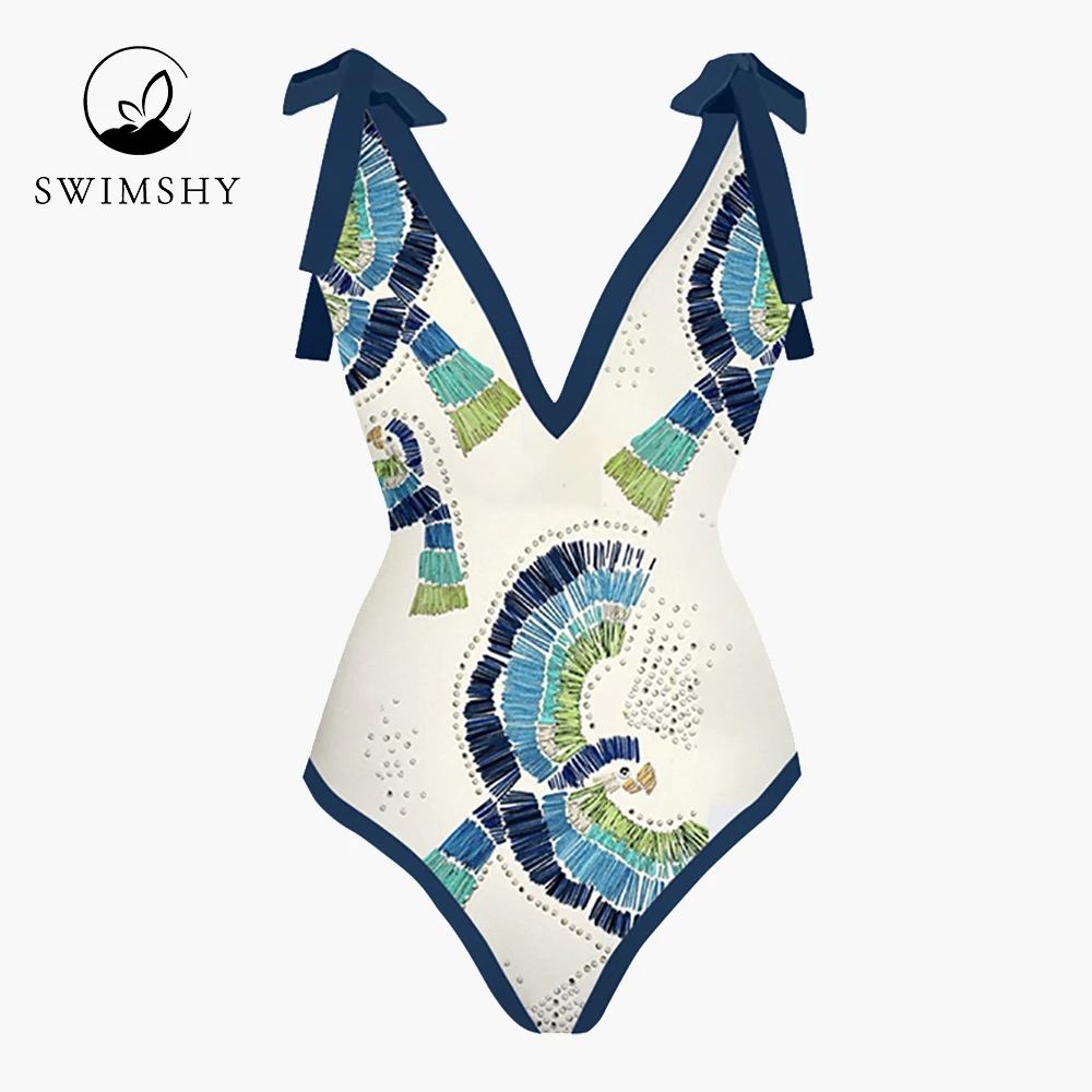 2022 Deep-v One Piece Swimsuit Set Vintage Chic Print Bikinis Women's Bathing Suit Beach Outfits Slim Swimwear Backless Holidays