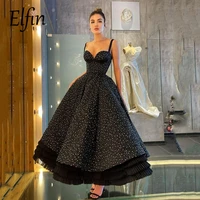 elfin modern black sleeveless dot evening dresses formal club party prom gowns formal tea length dress robe de soiree