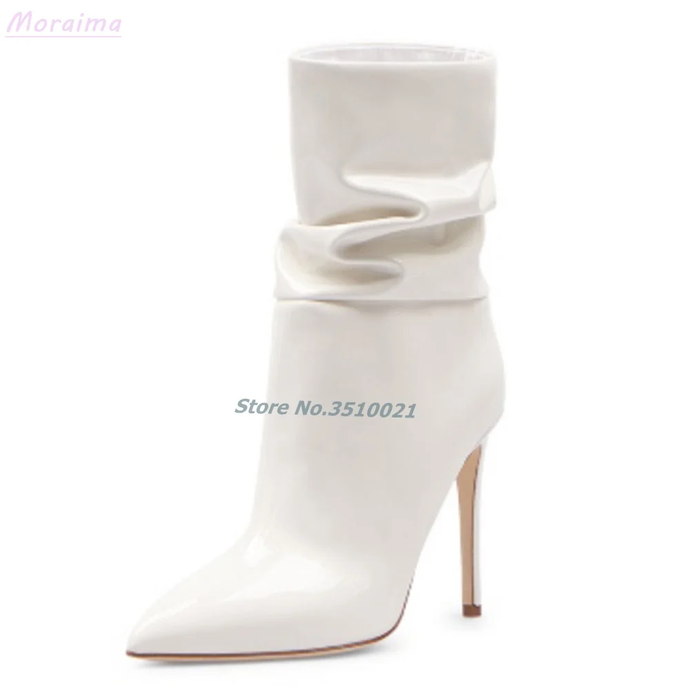Pleated Pointed Toe Ankle Boots Patent Leather Stiletto High Heel Slip On Sexy Runway New Dress Women Shoes Winter Solid Color