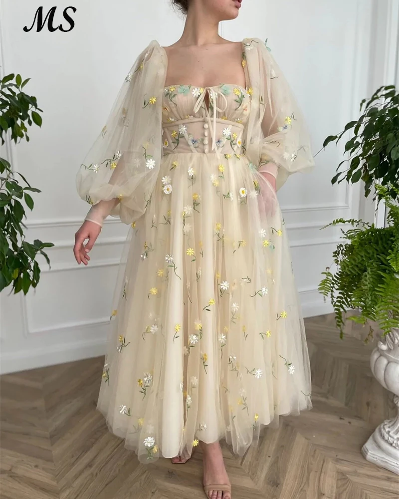 

MS Evening Dress Flower Print Puff Sleeves Sweetheart Tulle Fairy Prom Gowns For Women 2022 Vestido De Festa Formal Party Invite