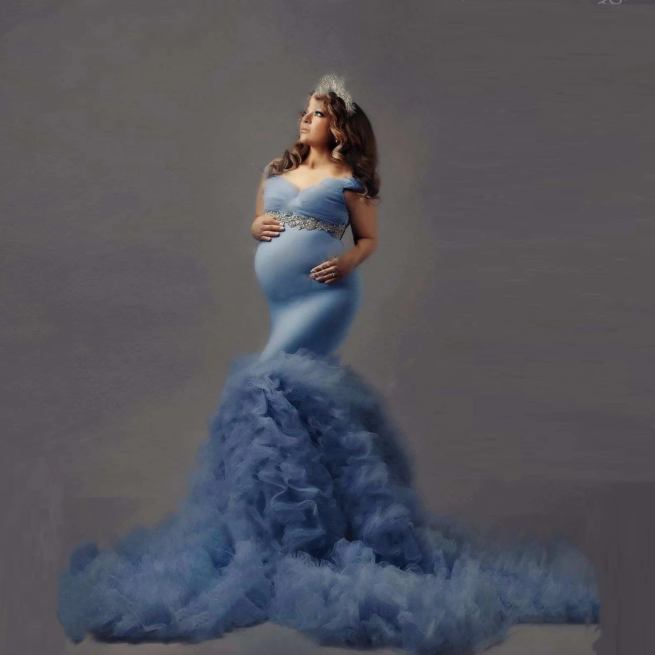

Sky Blue Mermaid Maternity Dresses Beaded Sash Women Custom Off The Shoulder Fluffy Maternity Dress Prom Gowns For Photography