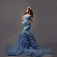 sky blue mermaid maternity dresses beaded sash women custom off the shoulder fluffy maternity dress prom gowns for photography