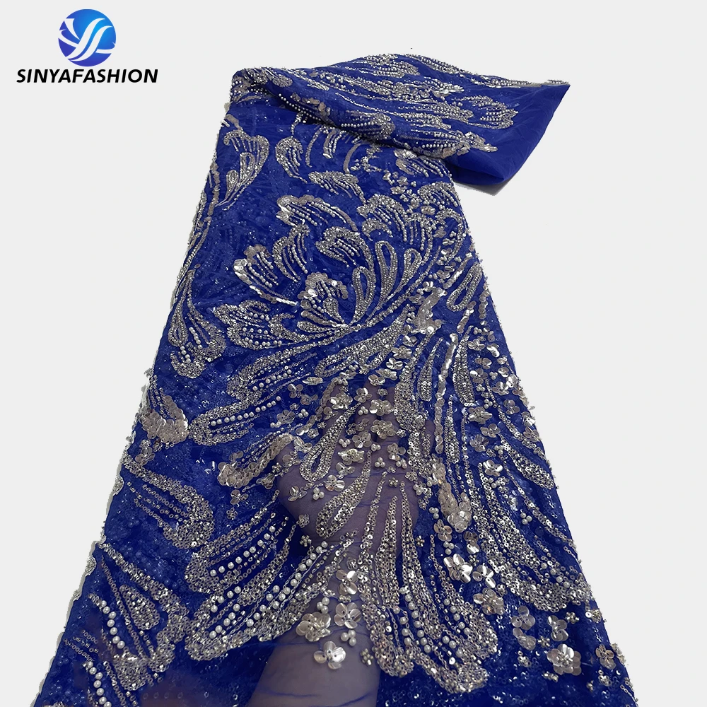 

Royal Blue 2023 Sequence Embroidery French Net Mesh High Quality Wedding Bridal Sequin Pearl Heavy Handmade Beaded Lace Fabric