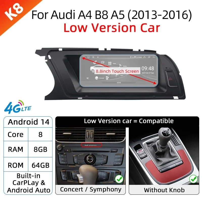 

Для Audi A4 B8 A5 Android 14, автомобильный мультимедийный плеер, беспроводной экран Carplay, авторадио, стерео GPS, Navi DSP, интеллектуальный головное устройство