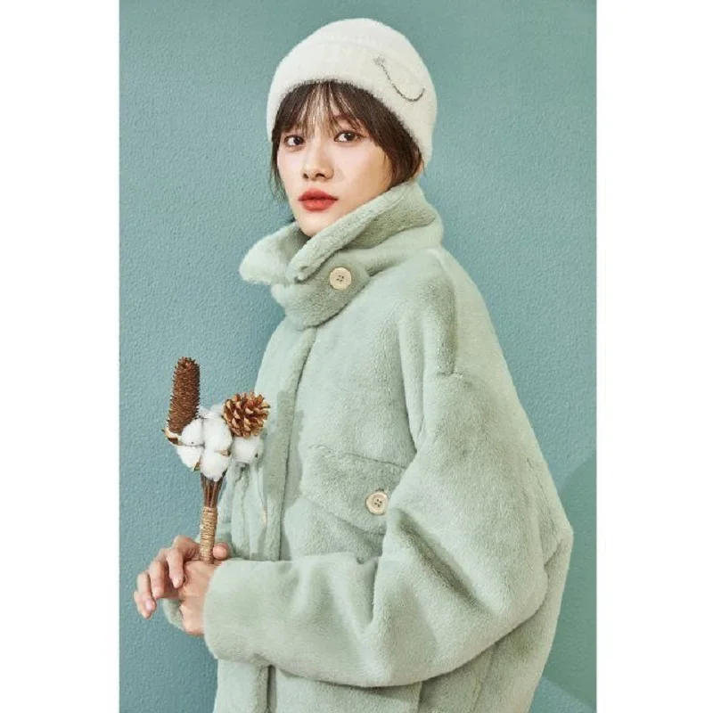 2022 Autumn Winter Furry Faux Fur Coat  Short Women Turn Down Collar Single Breasted Loose Ladies Faux Rex Rabbit Fur Coat