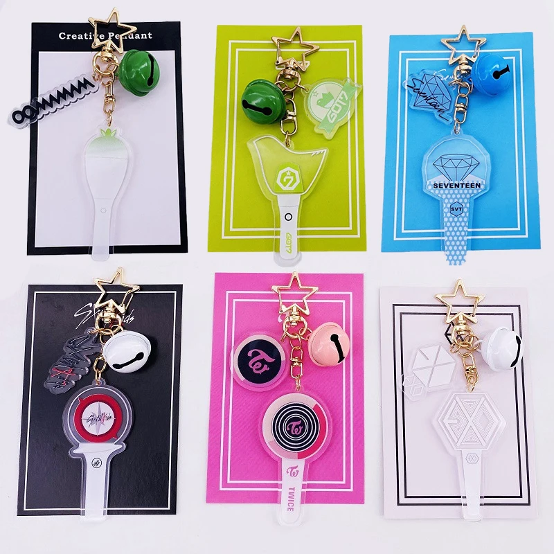 

KPOP EXO Stray Kids GOT7 SEVENTEEN IKON TWICE Acrylic Keychain Pentagram Keyring With Bell Sticklight Pendant Bag Accessories