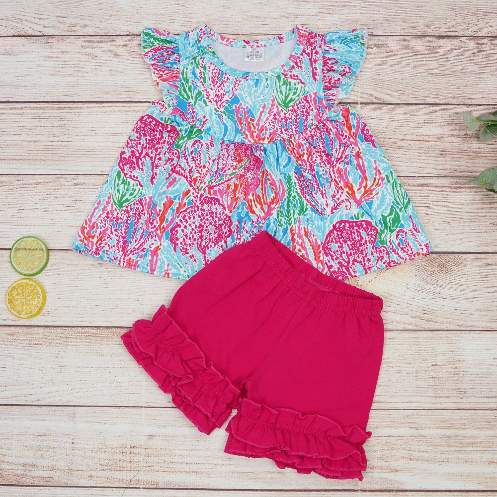 

Женский летний комплект для девочек, одежда из двух предметов, красный топ с цветочным принтом и шорты, костюм, повседневная детская одежда для детей