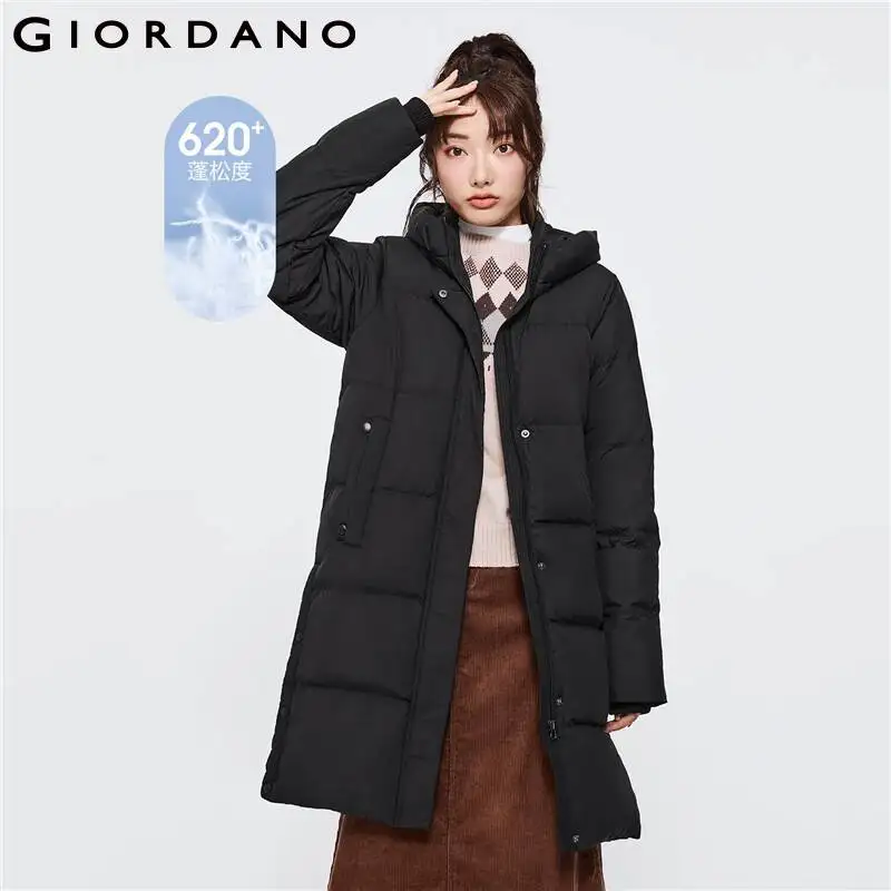 Giordano Women Down Jacket Mid Long Sidevent Hooded Duck Down Jacket Waterproof Multi Pocket Casual Jackets 05372671
