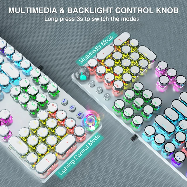 Retro Typewriter Keyboard Mechanical Gaming Blue Switch Media Control Knob Rainbow Backlit Punk Round Keycaps USB Wired Computer 4