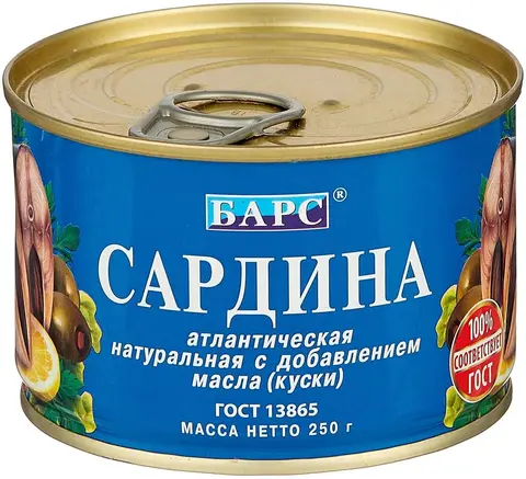 Упаковка 24 банки Сардина Барс атлантическая с добавлением масла 250г - изображение