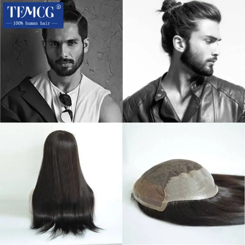 Tupé personalizado para hombres, peluca larga Q6, cabello 100% humano, encaje transpirable y prótesis capilares de Pu