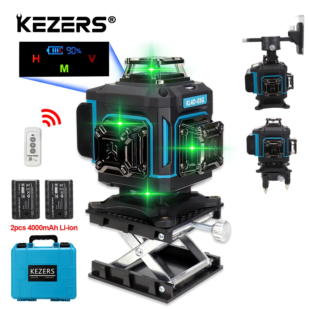 

KEZERS Digital Display Green Laser Level 16 Lines Self-leveling nivel láser Remote Control Suitcase 2pcs 4000mAh Lithium Battery