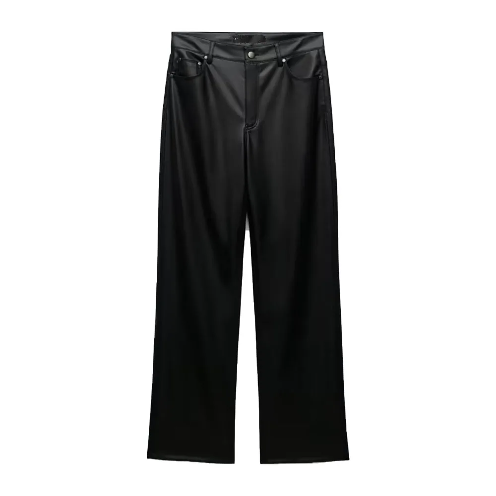

Zach AiIsa осенние новые женские модные ретро повседневные накладные карманы с высокой талией из черной искусственной кожи прямые широкие брюк...