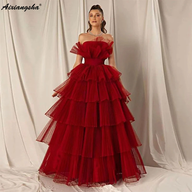 

Burgundy A-line Evening Dresses Strapless Tiered Tulle Dubai Arabic Women Formal Prom Gowns Robes De Soiree Party Dresses