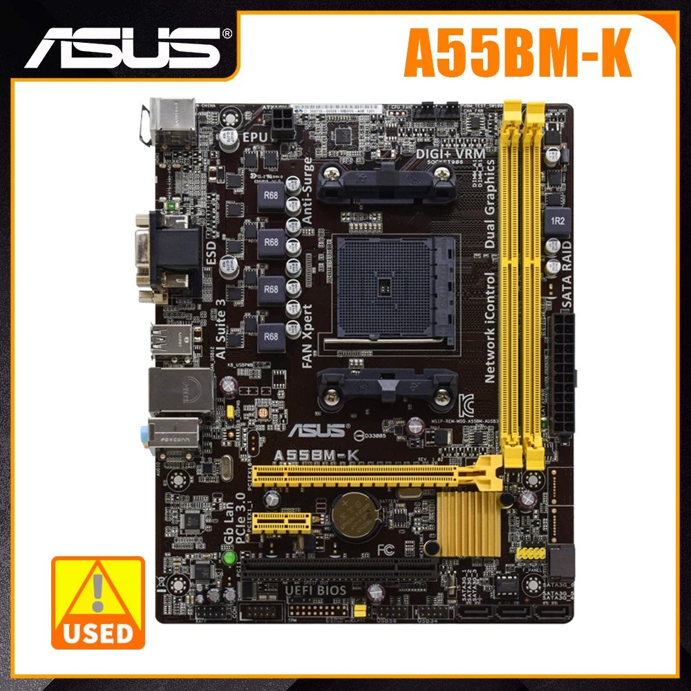 

Материнская плата ASUS A55BM-K DDR3, материнская плата FM2 + AMD A55 32 Гб, поддержка A10-5800K Cpus SATA II 8 × USB2.0 PCI-E 3,0 Micro ATX