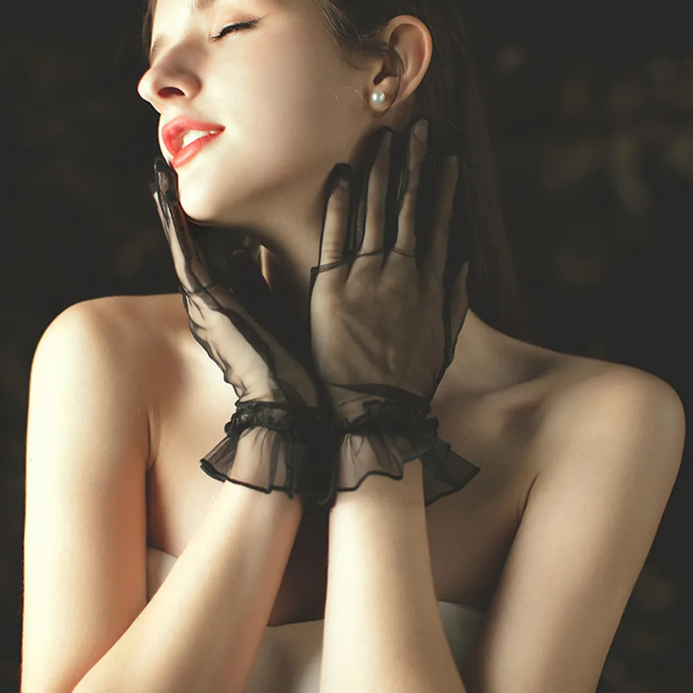 

Простые женские перчатки YUNUO, черные короткие тюлевые перчатки с закрытыми пальцами, свадебные аксессуары, длина запястья