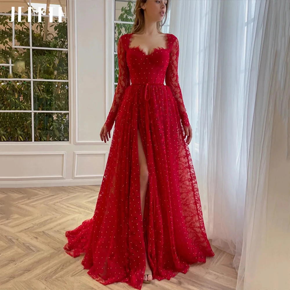 

JEHETH Red Elegant Lace Prom Dress Long Sleeves Split Party Gown Open Back Sweetheart Evening Celebrity Vestidos De Graduación