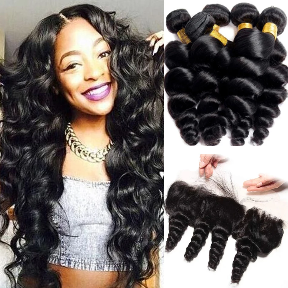 

12A Loose Wave 100% Virgin Indian Human Hair Extensions Loose Deep Raw Bundles With Frontal 13x4 Hair With 4*4 Top Lace Closure