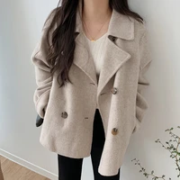 clothland women fashion double breasted woolen jacket long sleeve side pockets warm coat autumn winter office coats ca318