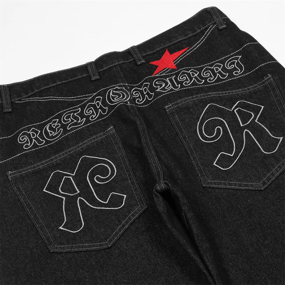 Chic Star Letter Embroidery Trousers Black Hip Hop Men Women Straight Jeans Streetwear Baggy Denim Pants New Fashion джинсы