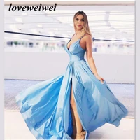 blue a line prom dress spaghetti strap womens evening dress high split prom gowns custom made night dress vestidos de fiesta