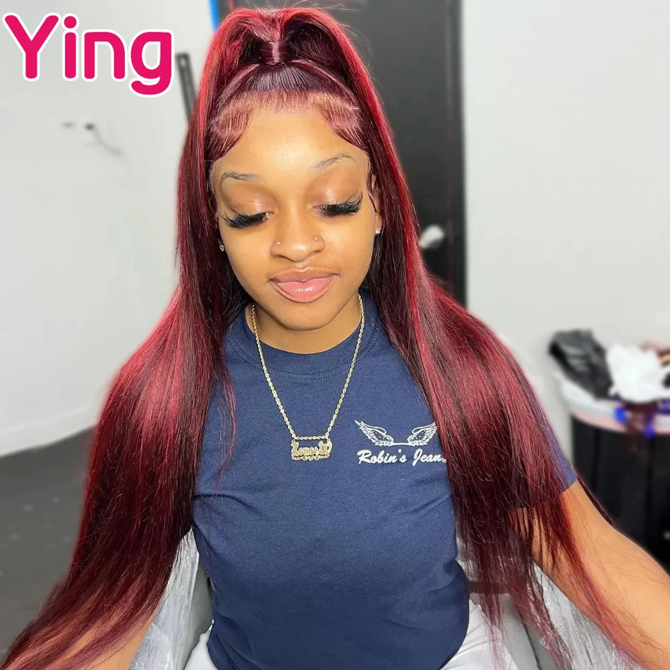 Burgundy with Red 13x6 Lace Frontal Wig Ombre Red Brazilian Straight Human Hair Wigs for Women Transparent Lace with Baby Hair