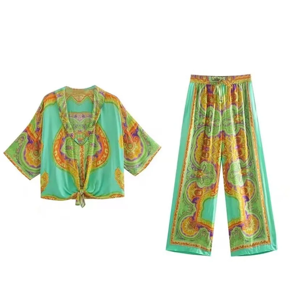 

PB&ZA summer new women's short-sleeved lapel printed drape blouse + home stretch high-waist trousers 7730/053