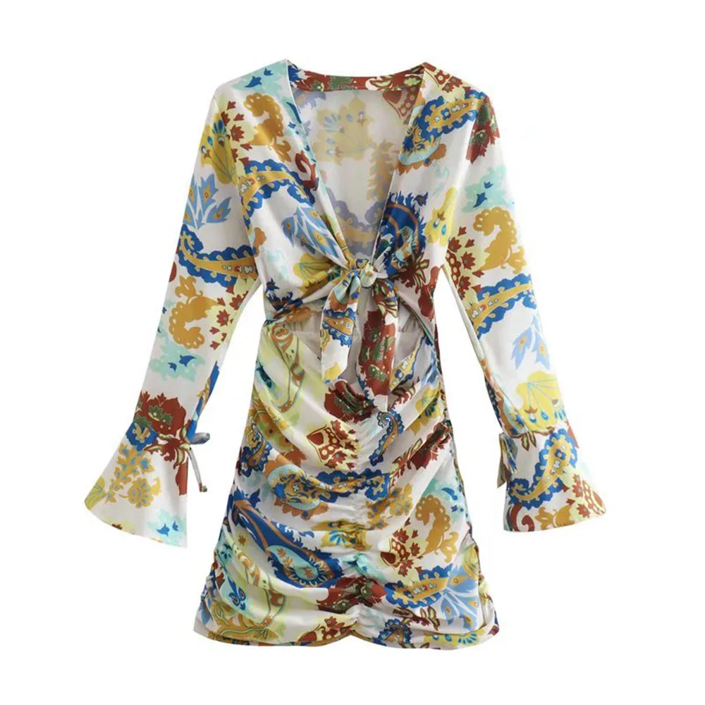 

Zach AiIsa2022 summer new women's sweet temperament retro flower V-neck slim trumpet sleeve knotted print dress