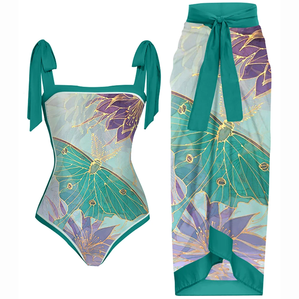 Luxury Women's Bathing Suit Vintage Butterfly Floral Print One-piece Swimsuit Summer Beachwear Push Up Slim Swimwear 2022 Bikini