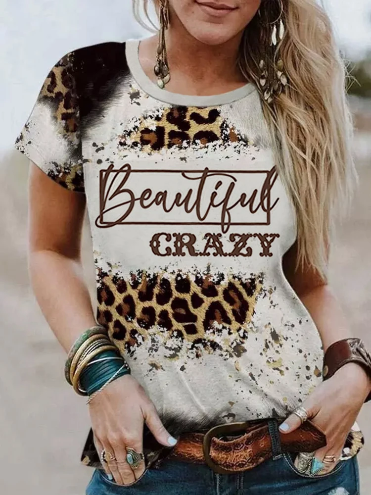 

Vintage Leopard Bleached T-Shirt Women Funny Beautiful Crazy Letter Tee Western Country Music Tops Cowgirl Rodeo Graphic T Shirt
