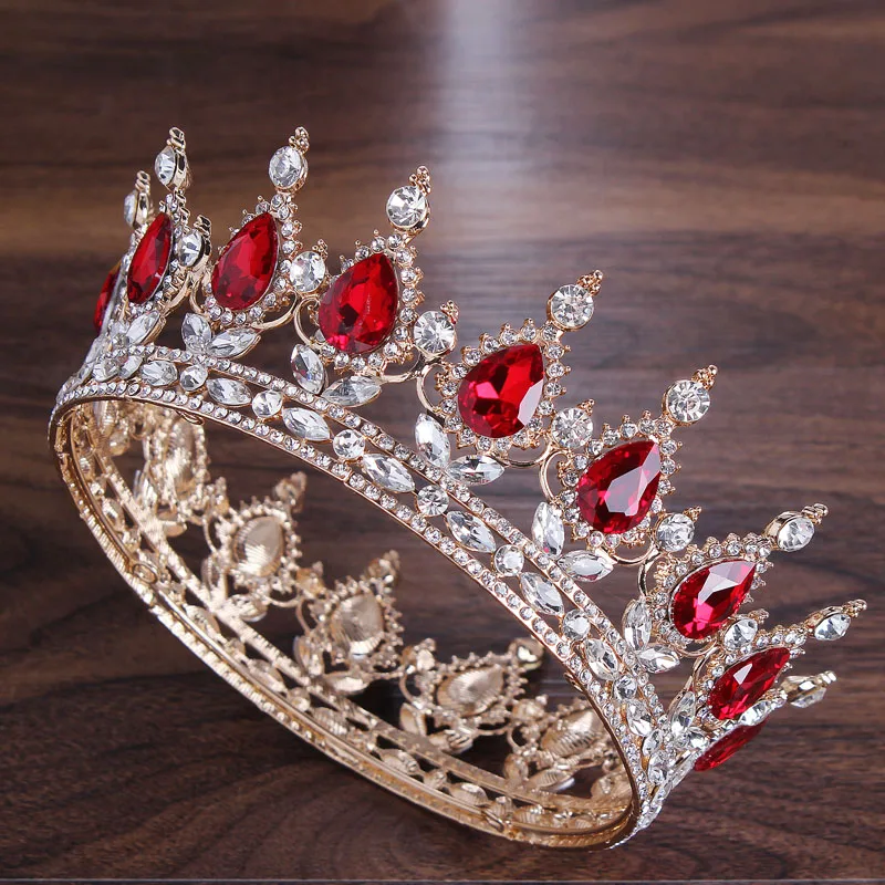 

Baroque Crown Wedding Headpieces Bridal Tiara Rhinestone Quinceanera Birthday Red Crystal Queen Round Crown