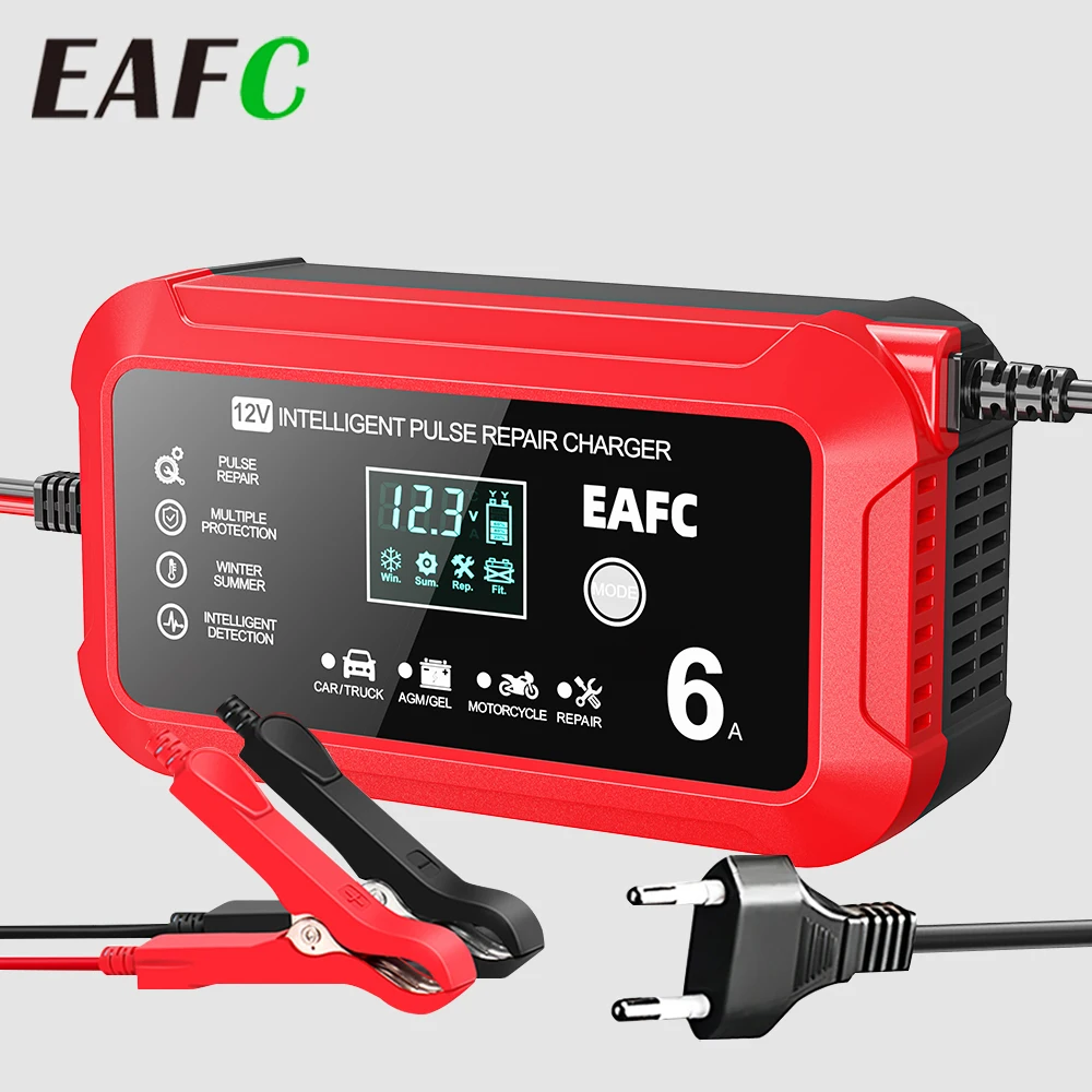 EAFC 12V 6A Intelligent Pulse Repair Charger Multi-Mode for Car Motorcycle AGM/GEL Battery with 6 Protections LCD Display