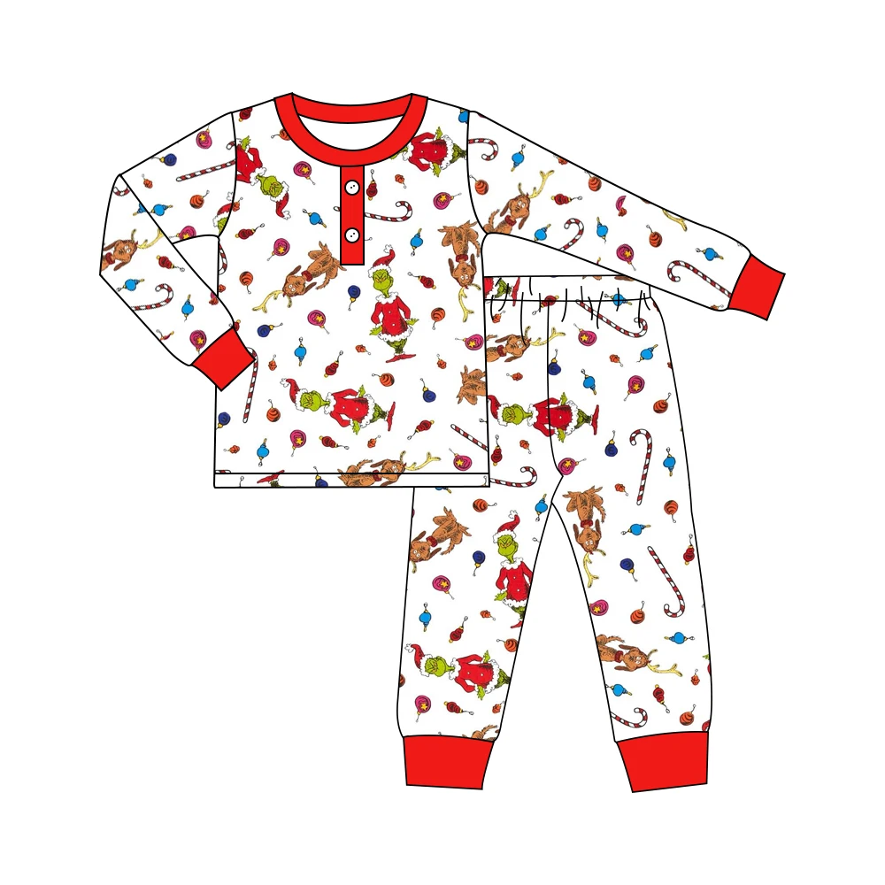 2022 Christmas Clothes Set Nightgown Baby Boys Cute Grinch Button T-Shirts Pajamas Red Print Long Pants Outfits For 1-8T Kids