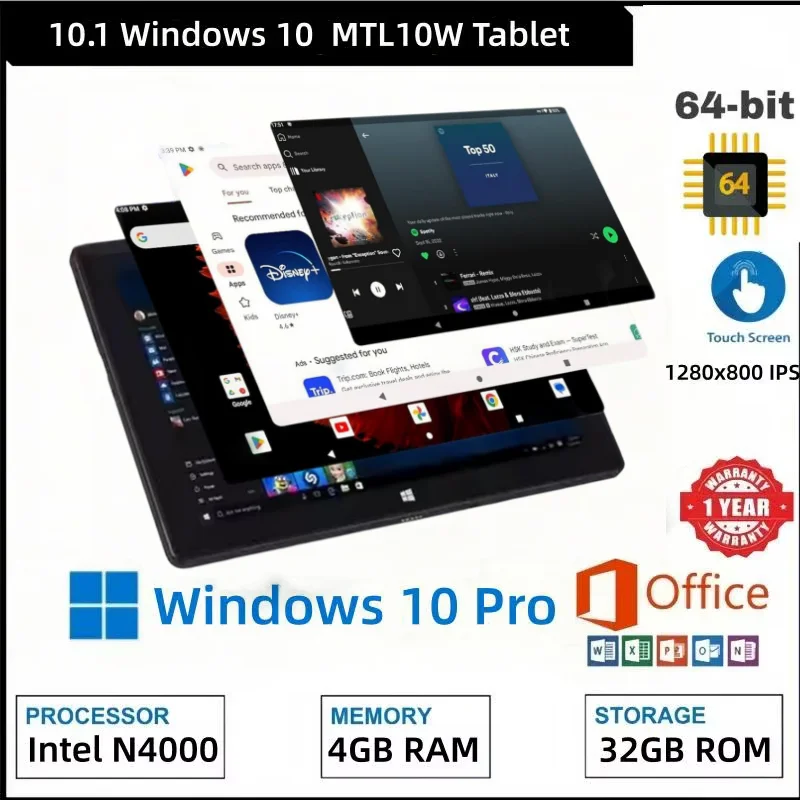 Фото Планшетный ПК MTL10W 10.1 дюйма с Windows 10, 4 ГБ ОЗУ, 32 ГБ ПЗУ, IPS-экран 1280x800, 64-битный процессор Intel Celeron N4000, 1 порт USB 3.0 №1