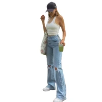 vintage hole jeans women jeans trousers high waist wide leg pants ripped washed distressed blue denim trousers y2k jeans