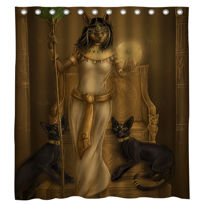 

Egyptian Mythology Cat Head Human Goddess Bastet Women Horror Bones Skull Spooky Surreal Halloween Shower Curtains By Ho Me Lili