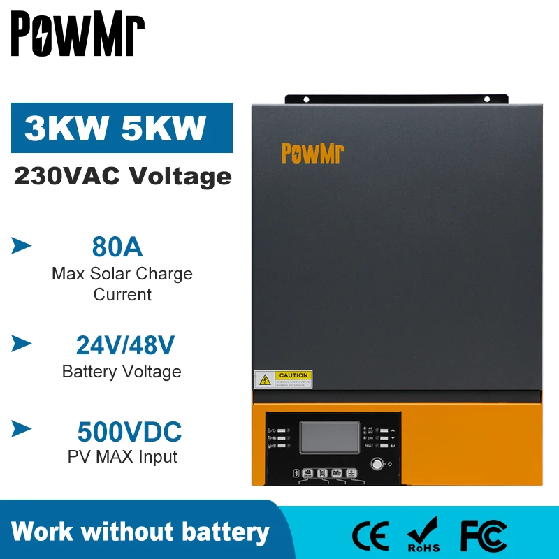 

PowMr 5000W 3000W Hybrid Solar Inverter 48V 24V 220V Pure Sine Wave Inverter with MPPT 80A Solar Charger Max PV Input 500VDC