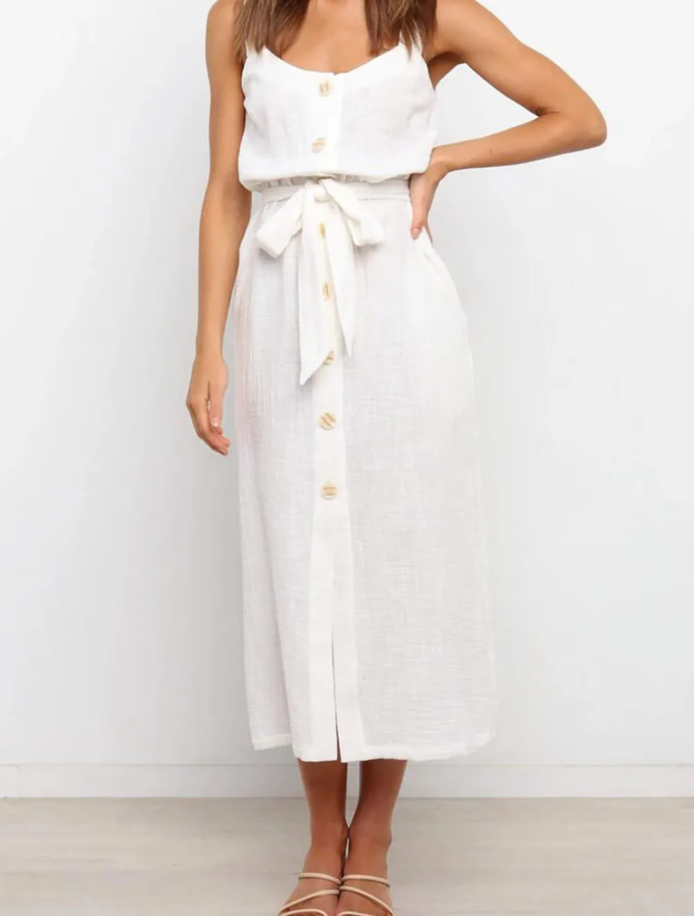 

Платье женское с круглым вырезом, элегантное модное офисное платье до щиколотки, с завязками на поясе, без рукавов, на пуговицах, для работы, ...