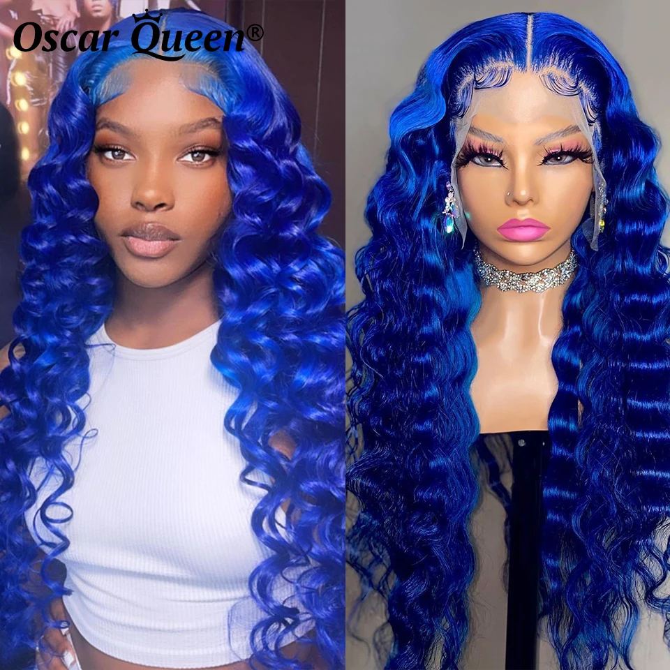 30inch Blue Colored Human Hair Wigs Peruvian Remy Deep Loose Wave 360 Lace Frontal Wigs For Women 13x4 Lace Front Human Hair Wig