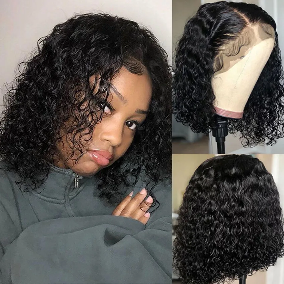 

Brazilian Kinky Curly Short Bob Lace Human Hair Wig For Black Women Glueless Jerry Curl Bob 8-14 Water Deep Wave 4x4 Closure Wig