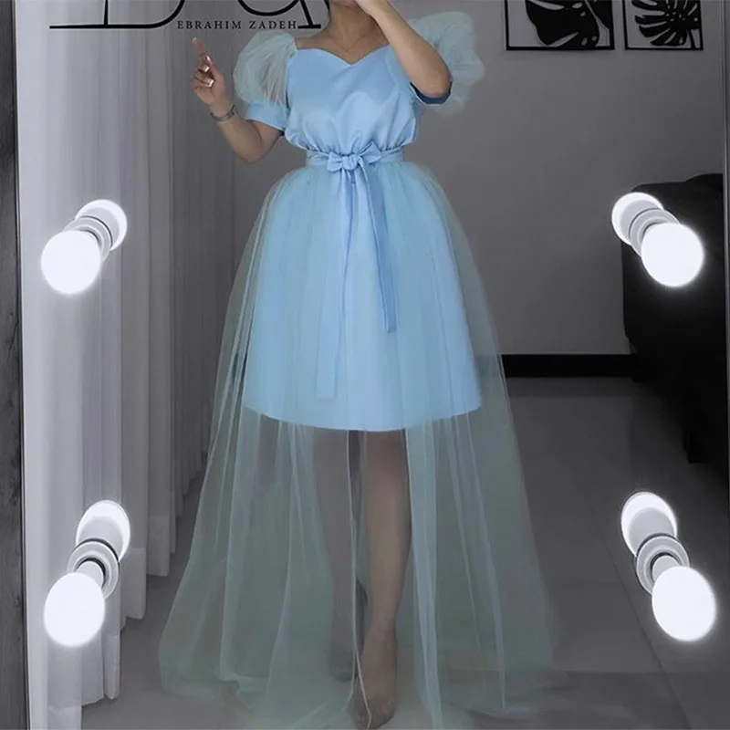 

Простое Атласное Вечернее платье небесно-голубого цвета, кружевное платье с пышными рукавами для выпускного вечера, Тюлевое Плиссированное вечернее платье с бантом, платье для торжества