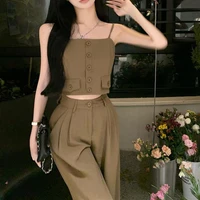 korean style fashion pants suit summer women casual two 2 piece set single breasted camisole vest high waist straight pants