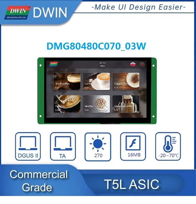 

DWIN 7.0 Inch TN-TFT-LCD Module HMI UART 800*480 Pixels Commercial Grade Intelligent Touch Screen TTL /232 Interface Smart LCM