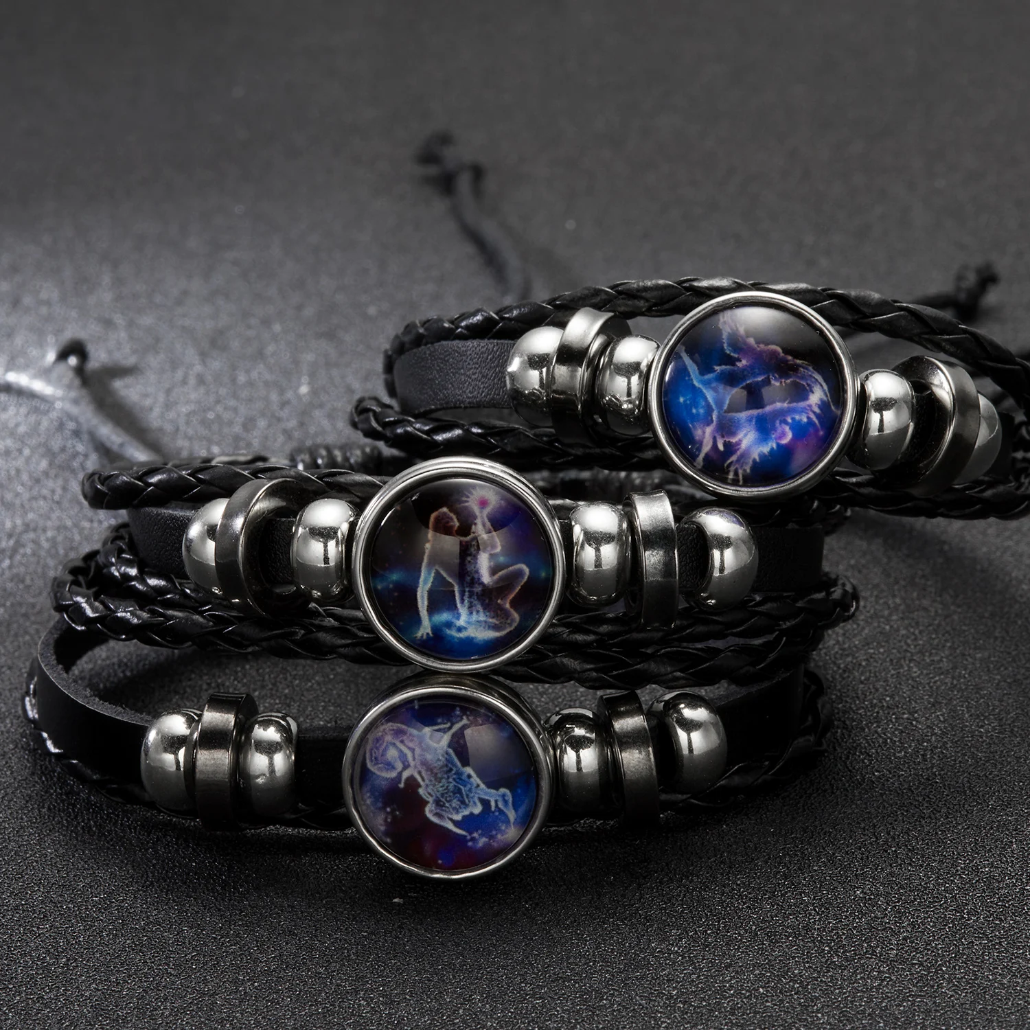 

Charm 12 Constellation Luminous Leather Bracelet for Men Women Glowing Zodiac Handmade Woven Rope Birthday Jewelry Bangle Gift