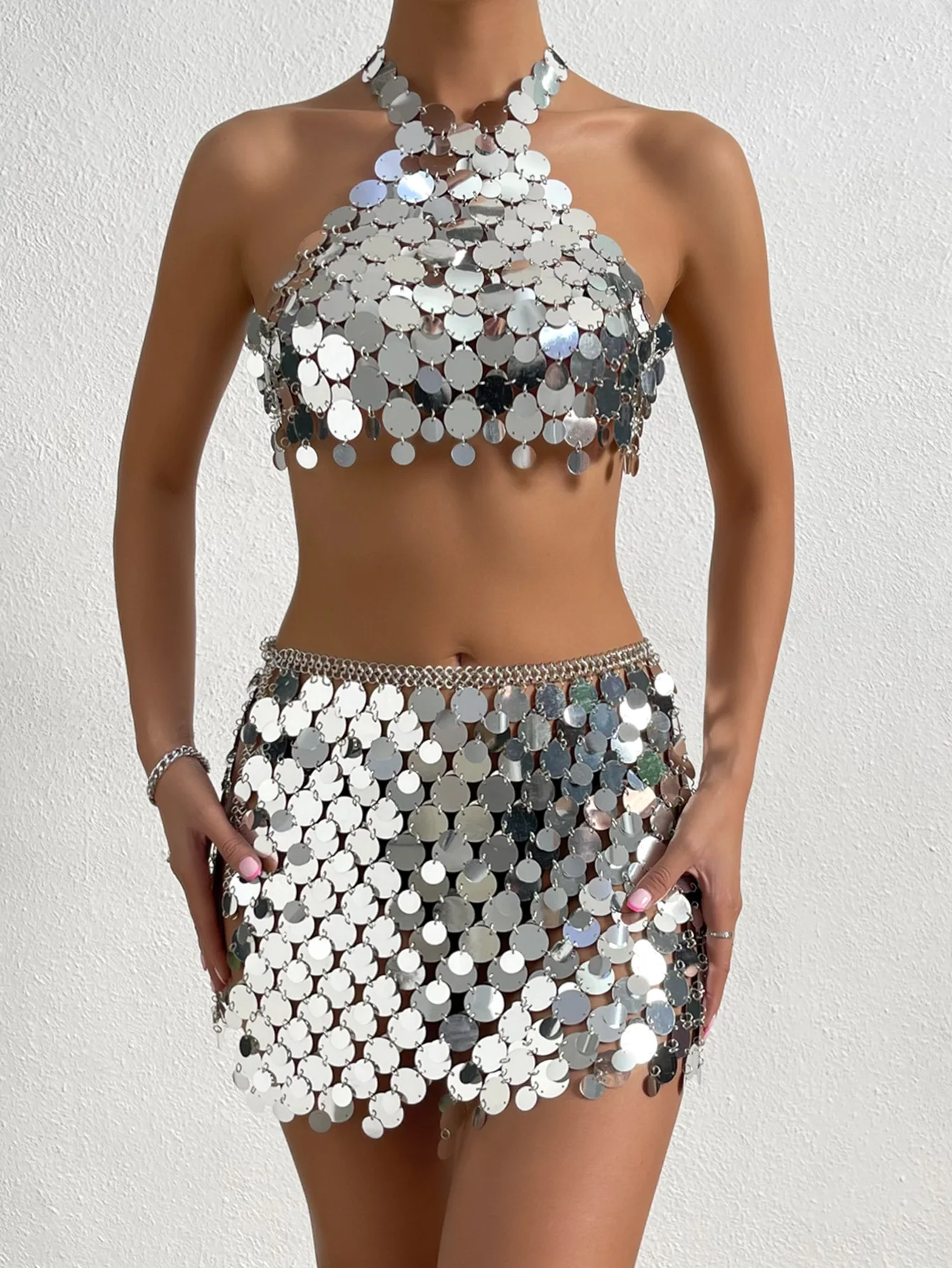 Sparkly Sequin 2 Piece Set For Women Halterneck Backless Crop Tops Side Slit Mini Skirt Suit Beach Club Festival Outfit