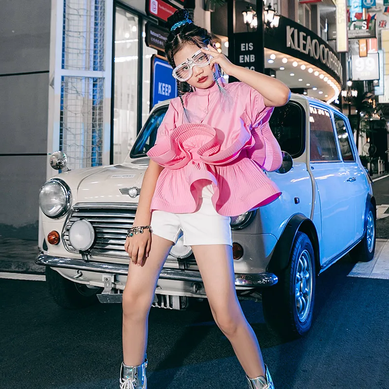 

Jazz Dance Clothes For Kids New Summer Girls Hip Hop Suit Kpop Pink Tops White Shorts Modern Street Dance Stage Costumes DQL7358